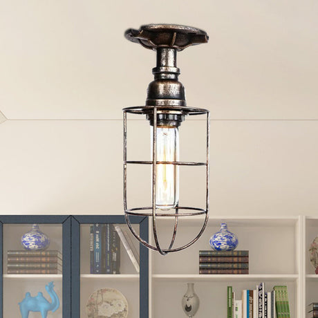 Vintage Wire Guard Ceiling Light For Corridors - Black/Bronze Semi-Flush Mount With 1 Bulb