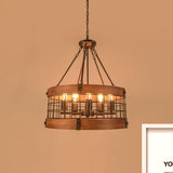 Rustic Metal And Wood Drum Pendant Light With Mesh Screen - Lodge Style Farmhouse Lamp In Brown