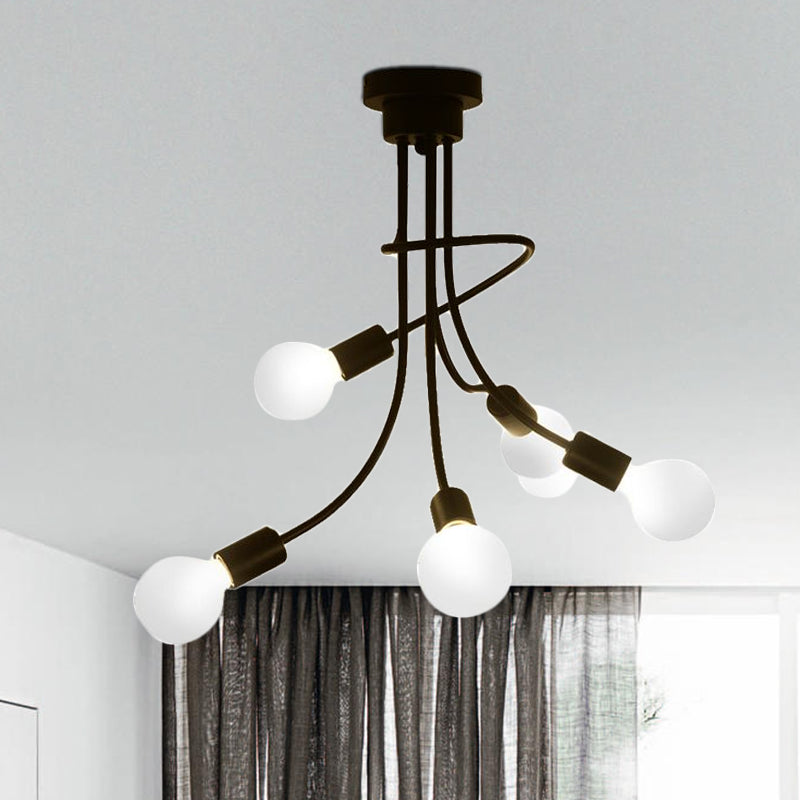 Vintage Bare Bulb Ceiling Light - Black/Gold Metallic Semi Flush With Curved Arm For Bedroom Black