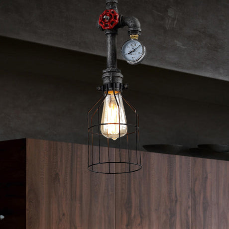Black Industrial Wire Guard Hanging Light With 1 Head Gauge And Valve