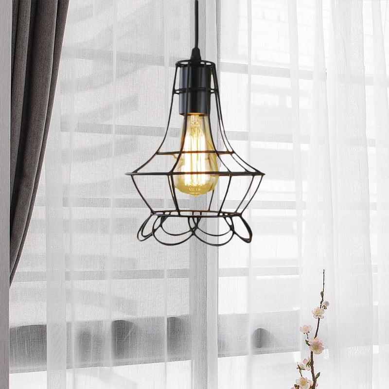 Metal Industrial Pendant Lighting With Flower Cage Shade - Height Adjustable Ceiling Fixture For