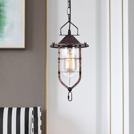 Vintage Black/Rust Cone Ceiling Pendant Lamp With Clear Glass & Cage - Ideal For Living Room