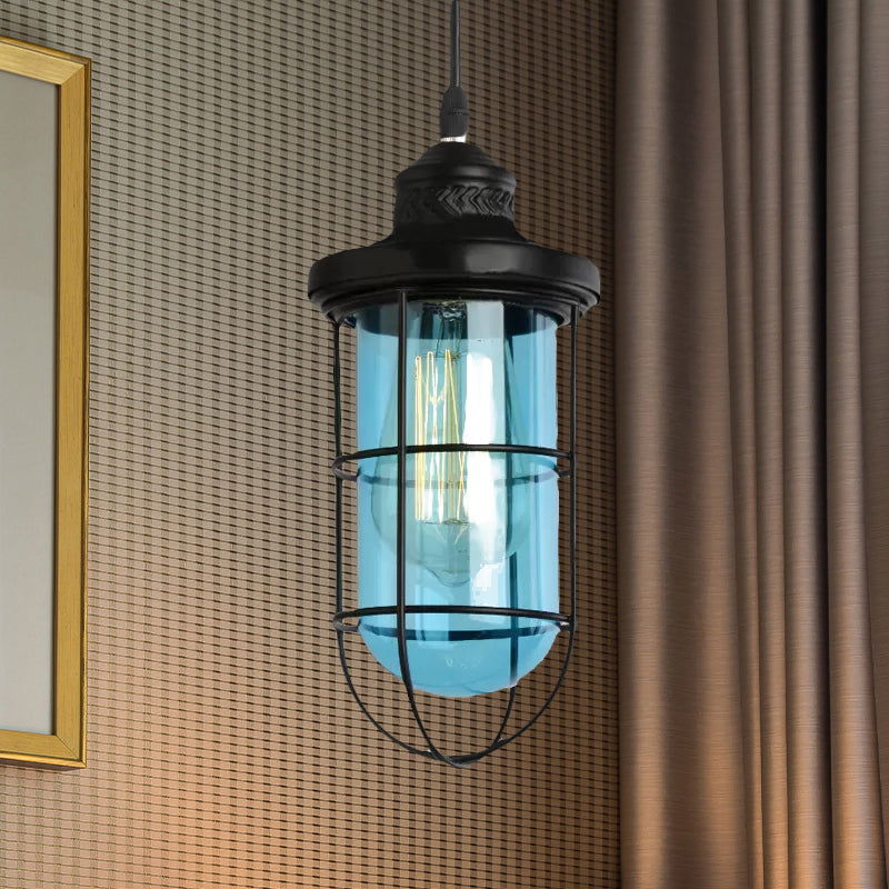 Vintage Black Single-Bulb Pendant Ceiling Light Fixture With Yellow/Green/Clear Glass Cage For