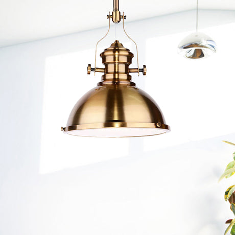 Antique-Style Metal Dome Pendant Light With Frosted Diffuser In Brass