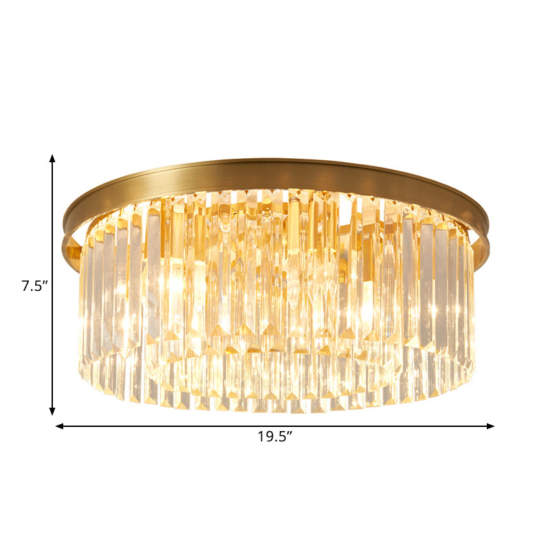 Gold Round Bedroom Flush Mount Lamp 4/5 Clear Crystal Prisms 16/19.5 Wide