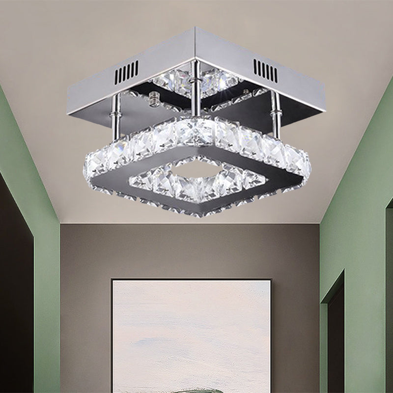 Modern Gold/Stainless-Steel Led Square Ceiling Lamp With Clear Faceted Crystal Blocks And White/Warm