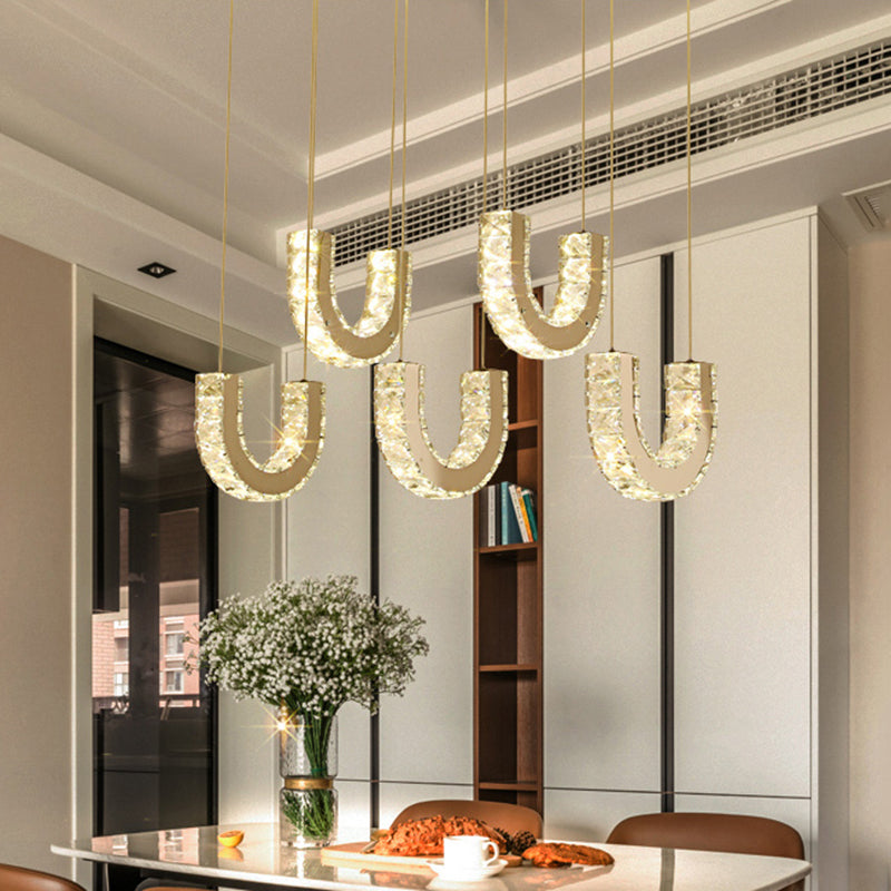 Led U-Shape Pendant Lamp With Modern Stainless-Steel Finish And Clear Rectangular-Cut Crystals