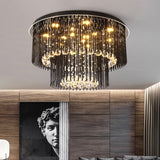 Contemporary Dual-Tiered Led Ceiling Flush Mount Light Fixture In Sleek Black - Crystal Orbs