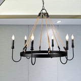 Rustic 6-Head Metal & Rope Ceiling Chandelier For Restaurants - Vintage Candle Lamp With Open Bulbs