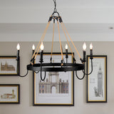 Rustic 6-Head Metal & Rope Ceiling Chandelier For Restaurants - Vintage Candle Lamp With Open Bulbs