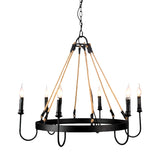 Rustic 6-Head Metal & Rope Ceiling Chandelier For Restaurants - Vintage Candle Lamp With Open Bulbs