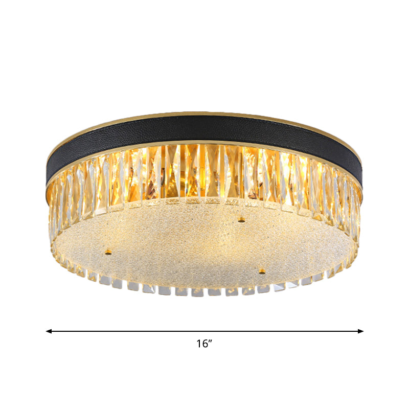 Contemporary Crystal Flush Mount Light In Gold 3/4 Heads Rectangle-Cut Drum Shape 12/16 Width