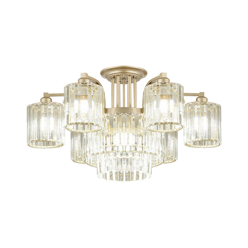 Modern Crystal Cylinder Ceiling Lamp - 3/9-Light Semi Flush Mount For Bedroom