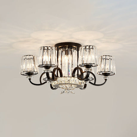 Contemporary Semi Flush Mount Ceiling Light With Clear Crystal Barrel Shade - 8 Heads Black