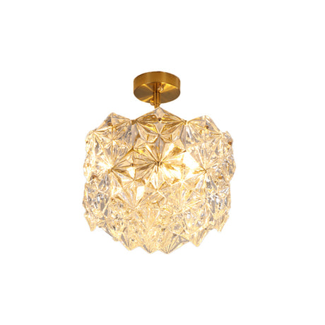 Contemporary Gold Canopy Semi Flush Mount Light With Hexagon-Shape Crystals & 3 Bulbs
