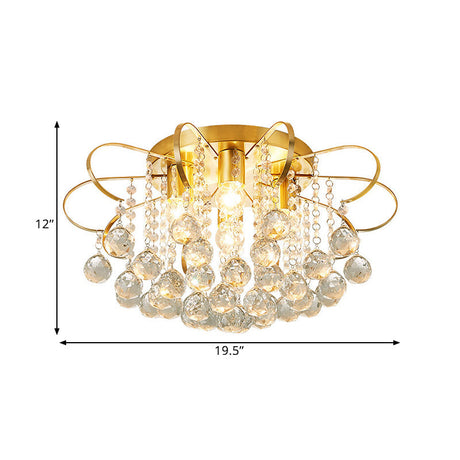 Contemporary Gold Metal Ceiling Lamp With Swirled Arm Design Clear Crystal Orbs And Rods - 4-Heads