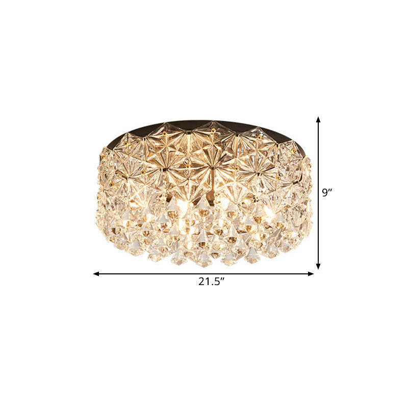 Modern Black Drum Ceiling Light Fixture With Hexagon Crystals - Flush Mount Lamp 18/21.5 W