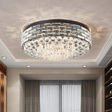 Drum Ceiling Mount Light Modern Black Canopy With Clear Crystal Draping 7/9 Bulbs Flushmount