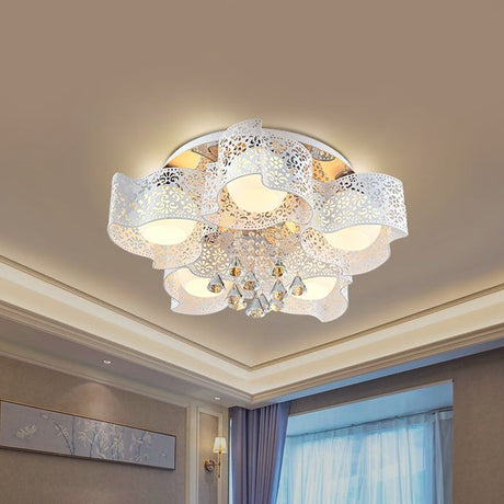 Modernist Crystal Ceiling Lamp With Etched Flower Design 3/5 Lights Opal Glass Ball Shade