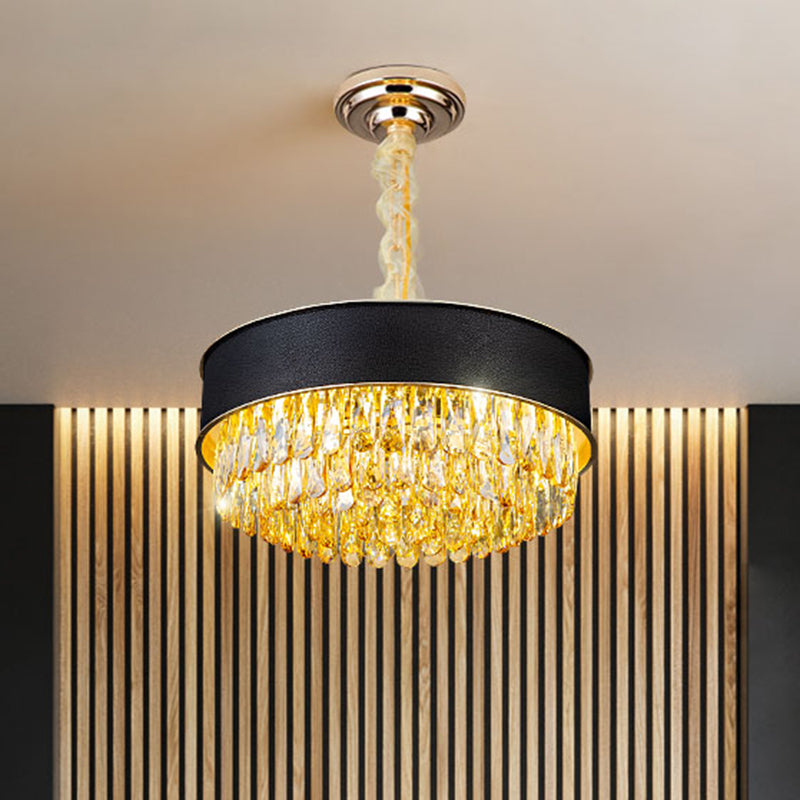 Modern Drum Shape Crystal Chandelier - 9-Light Black/Red/Blue Leatherwear Ceiling Fixture
