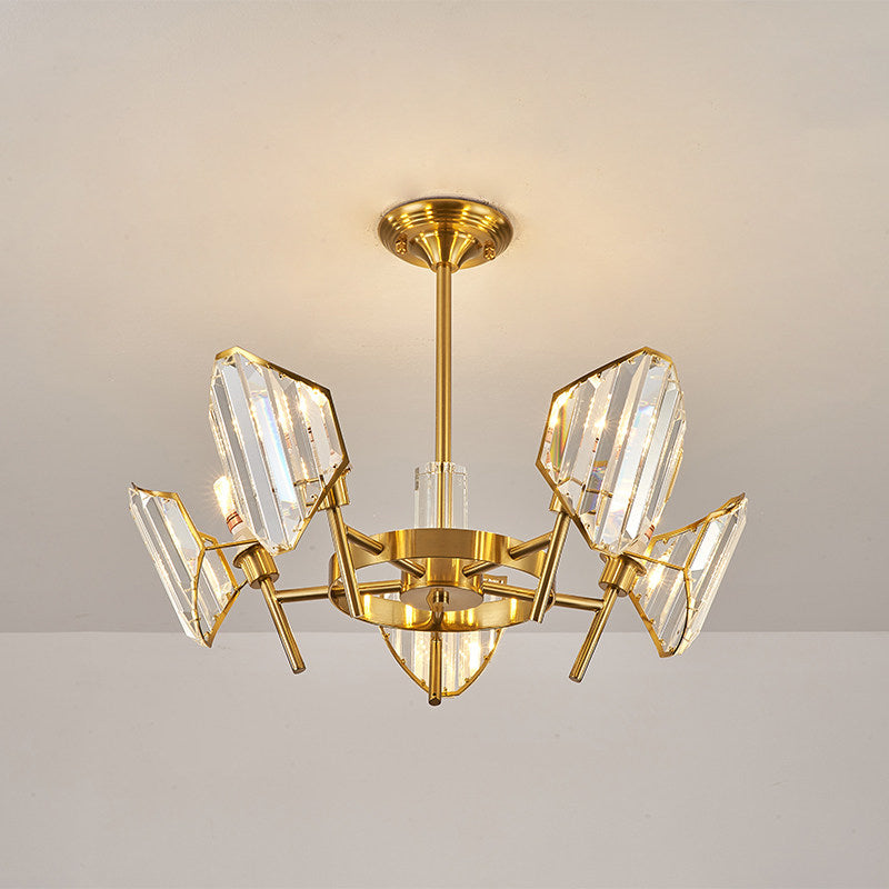 Sleek Gold Crystal Flush Mount Chandelier - Post-Modern Design With Curved Shade Semi Ceiling Light