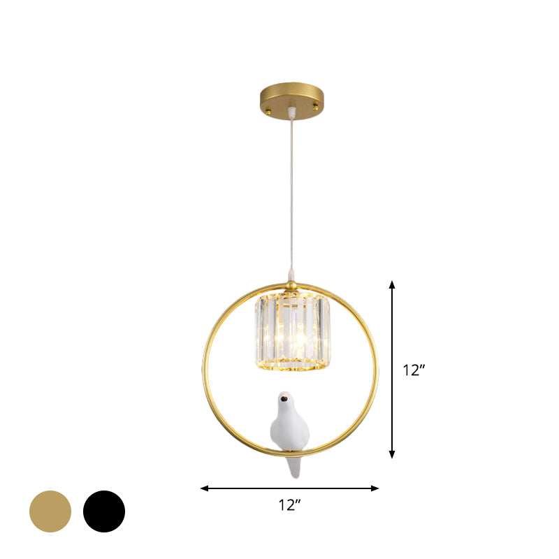 Black/Gold Hoop Pendulum Modern Pendant Light With Bird And Cylinder Crystal Shade