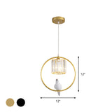 Black/Gold Hoop Pendulum Modern Pendant Light With Bird And Cylinder Crystal Shade