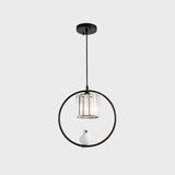Black/Gold Hoop Pendulum Modern Pendant Light With Bird And Cylinder Crystal Shade
