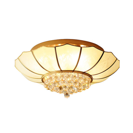 Milky Glass Scalloped Flush Light - 4/6 Lights Bedroom Mount With Crystal Ball