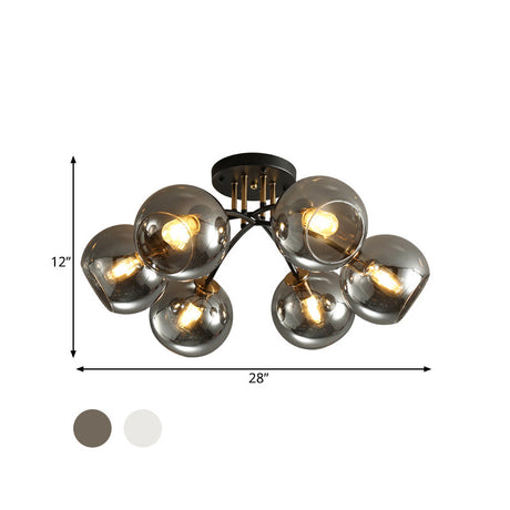 6-Head Vintage Black Semi Flush Mount Ceiling Lighting With Orb Smoke/Clear Glass Shade At 6 Heads