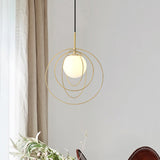 Gold Pendant Light With Opal Glass Shade - Moveable Wire Cage Pendulum