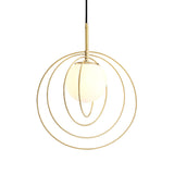 Gold Pendant Light With Opal Glass Shade - Moveable Wire Cage Pendulum