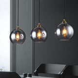 Retro Smoke Grey Glass Dome Shade Pendant Light Fixture Suspended Brass Lighting