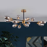 Vintage Brass Semi Mount Close To Ceiling Light With Smoke Grey Glass Shade - 12-Bulb Parlor