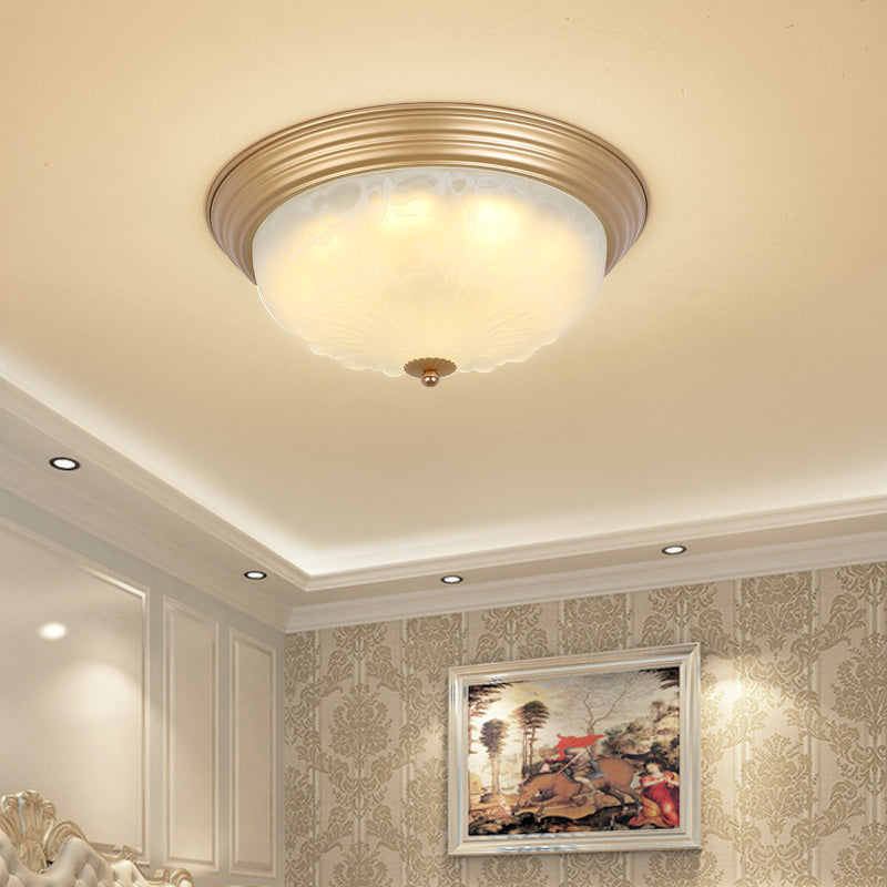 Colonial White Glass Bowl Flush Mount Ceiling Light With Gold Finish - 2/3 Heads 16/19.5 Width