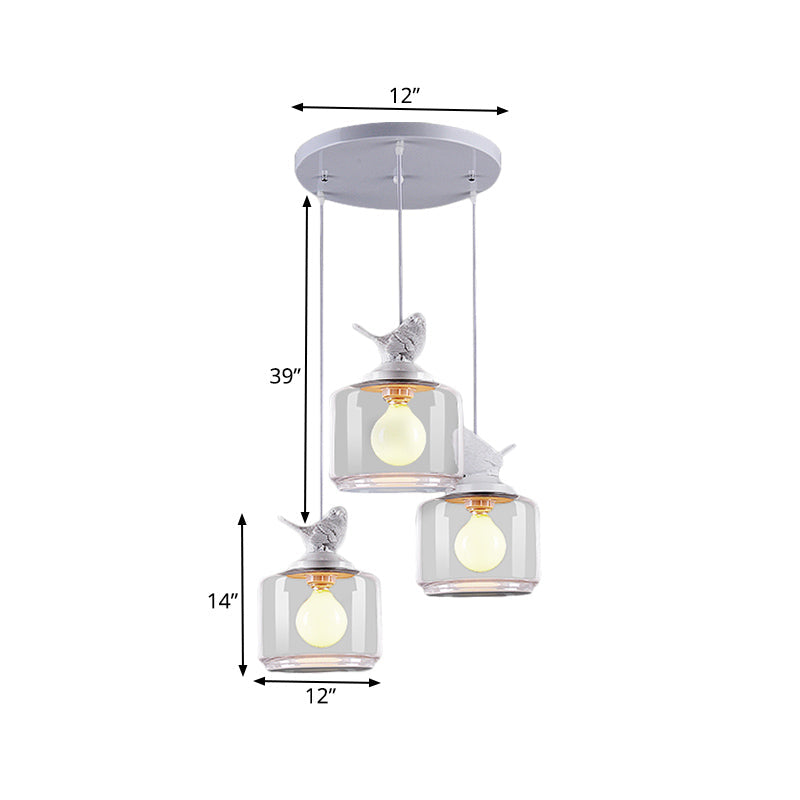 Nordic Glass Pendant Lighting With Resin Bird Top - Clear Drum Design White Multi Light 3 Bulbs