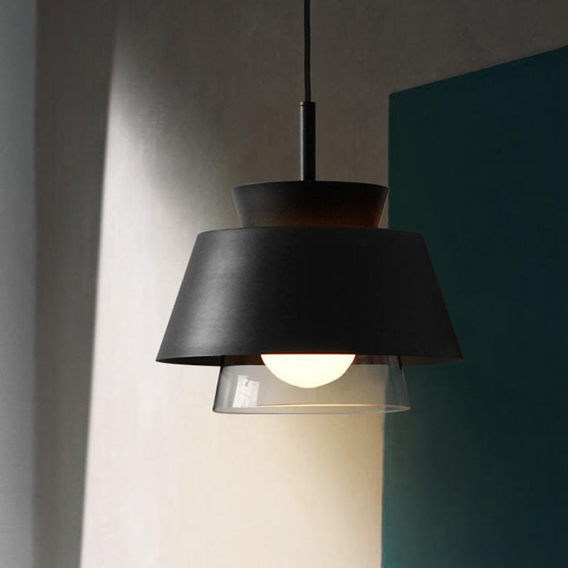 Minimalist Iron Hanging Pendant Light With 2 Tiers Single Black/White Design Transparent Glass Shade
