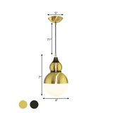 Black/Brass Gourd Pendant Lamp - Mid Century Metal 1 Light White Glass Diffuser