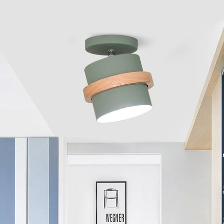 Mini Barrel Corridor Iron Ceiling Lamp With Rotating Feature - 1 Bulb Macaron Grey/Green/White Wood