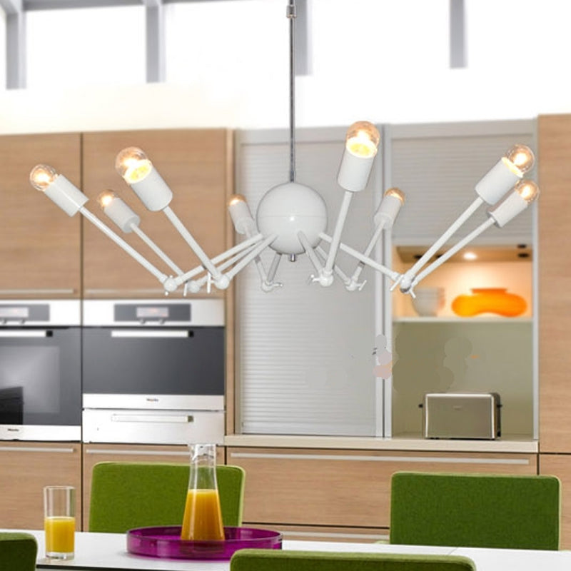 Modernist White Spider Chandelier - 8-Bulb Iron Pendant Light With Extendable Design