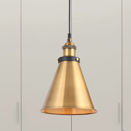 Retro Antique Gold Pendant Light Fixture - 1-Light Iron Lid Hammered Cone Design Ideal For Dining