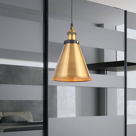 Retro Antique Gold Pendant Light Fixture - 1-Light Iron Lid Hammered Cone Design Ideal For Dining