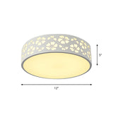 Modernist White Led Flush-Mount Iron Carved Drum Ceiling Light With Recessed Diffuser 12/16/19.5 Dia