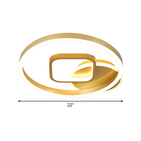 18/22 Wide Led Flush Mount Lamp - Minimal Metal Golden Circle And Square Ceiling Light In Warm/White