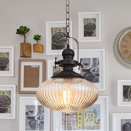 Vintage Clear Ribbed Glass Pendant Ceiling Light - Ovale/Drum Design 1 Head Black / A