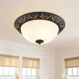 Ivory Glass Flush Mount Ceiling Lamp With Flower Trim In Black/Brass