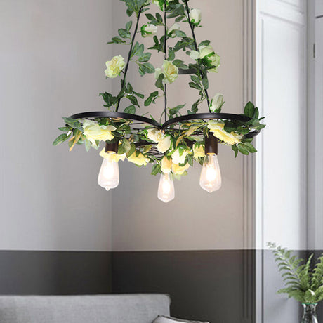 Retro Wheel Iron Chandelier Pendant Light With Plant Decor - 3/6 Heads In Black