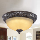 Traditional Floral Close-To-Ceiling Light With Carved Dome And Frosted Glass Bulbs - Black Flush
