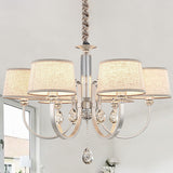 Modern Nickel Chandelier With Swoop Arms Flaxen Fabric Shade And Crystals - 3/6 Lights 6 /