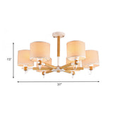 6-Head Nordic Wooden Semi Flush Chandelier With Fabric Shade For Living Room Ceiling